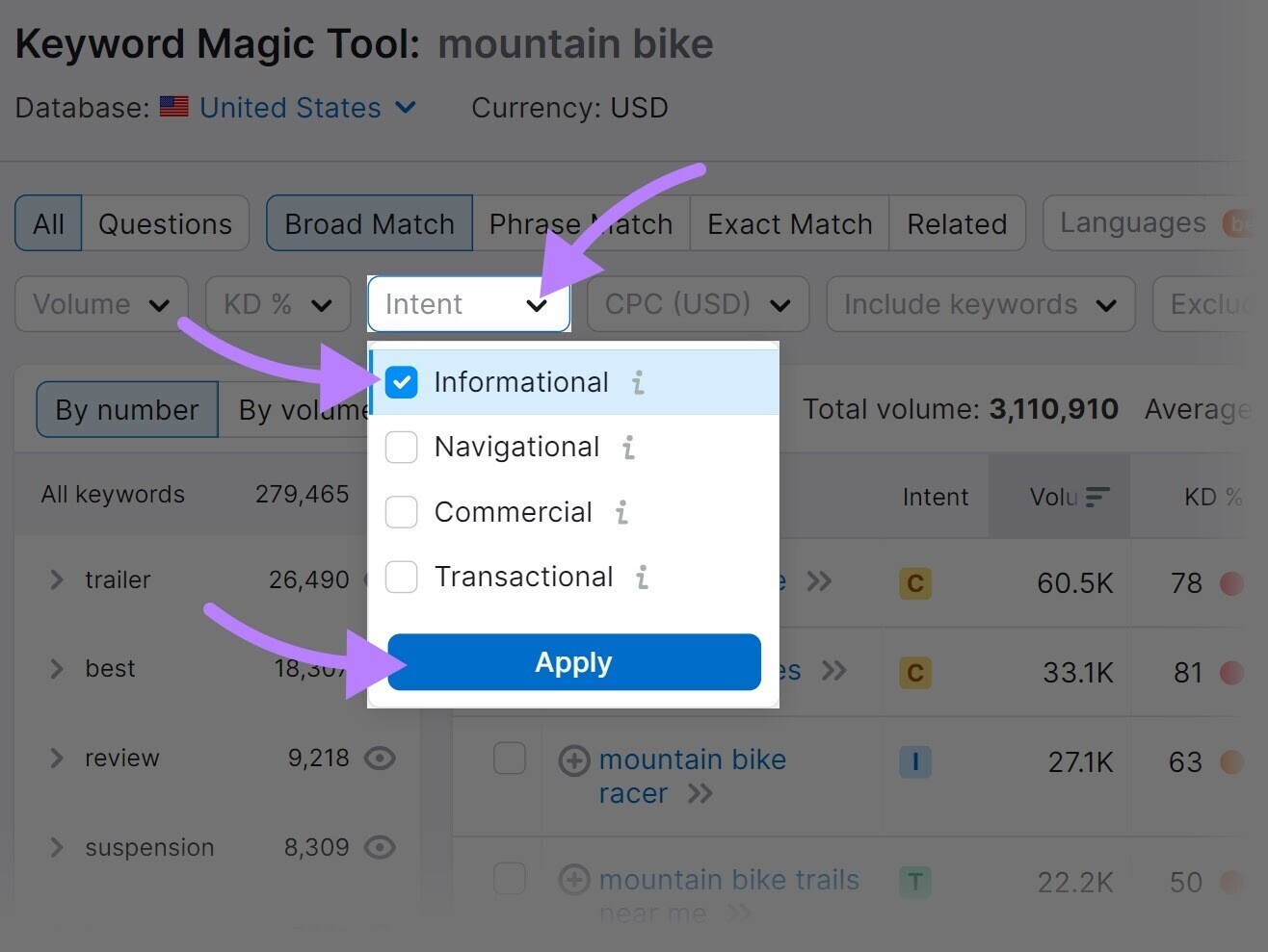 "Intent" filter drop-down menu in Keyword Magic Tool