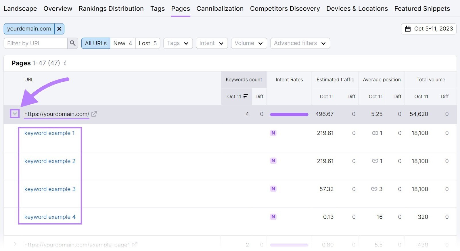 A full keyword breakdown under "Pages" tab in Position Tracking