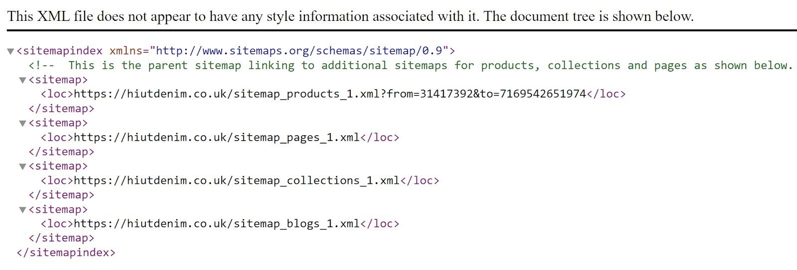 Hiut Denim’s Shopify XML sitemap