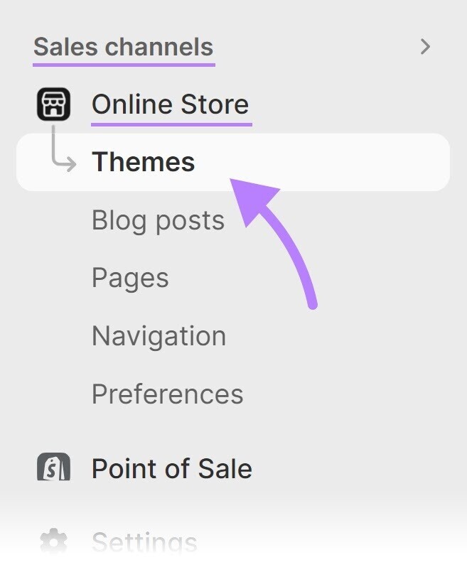 Navigating to "Themes" in Shopify admin menu