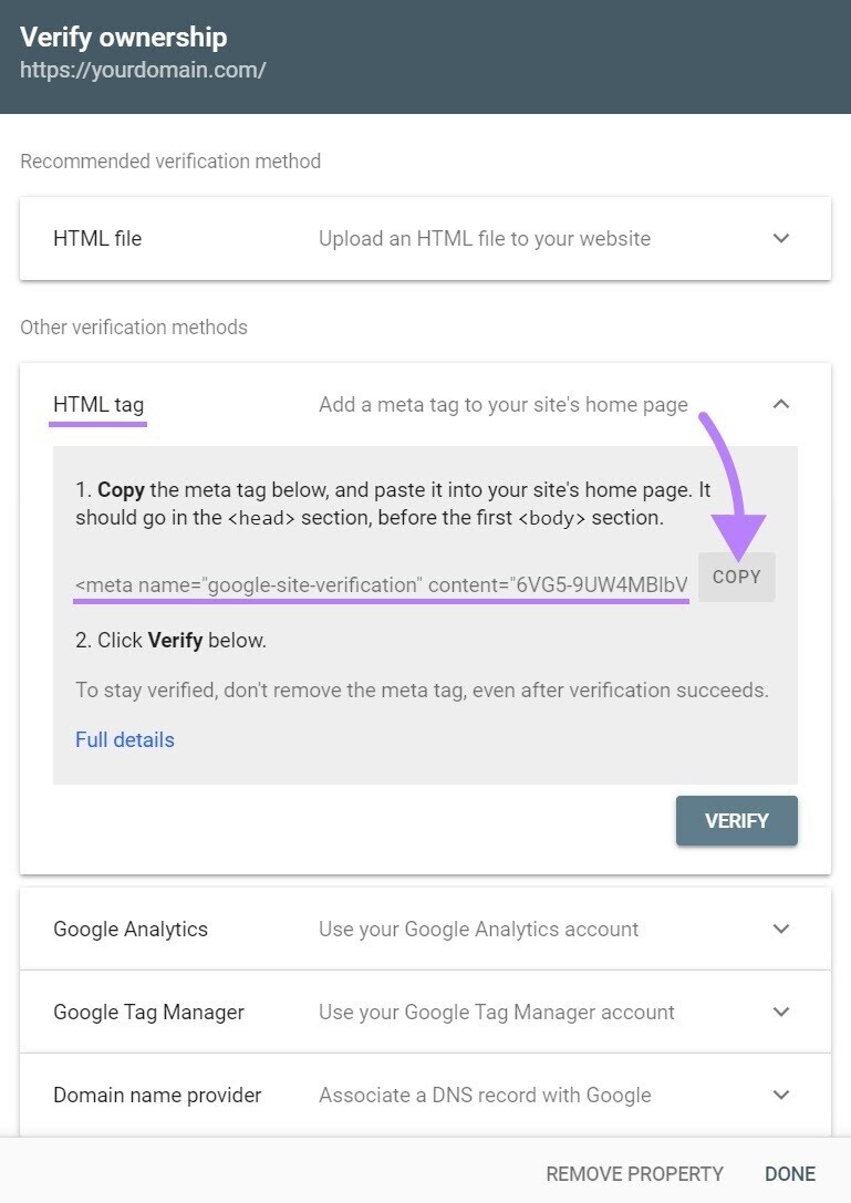 "Verify ownership" screen in Google Search Console