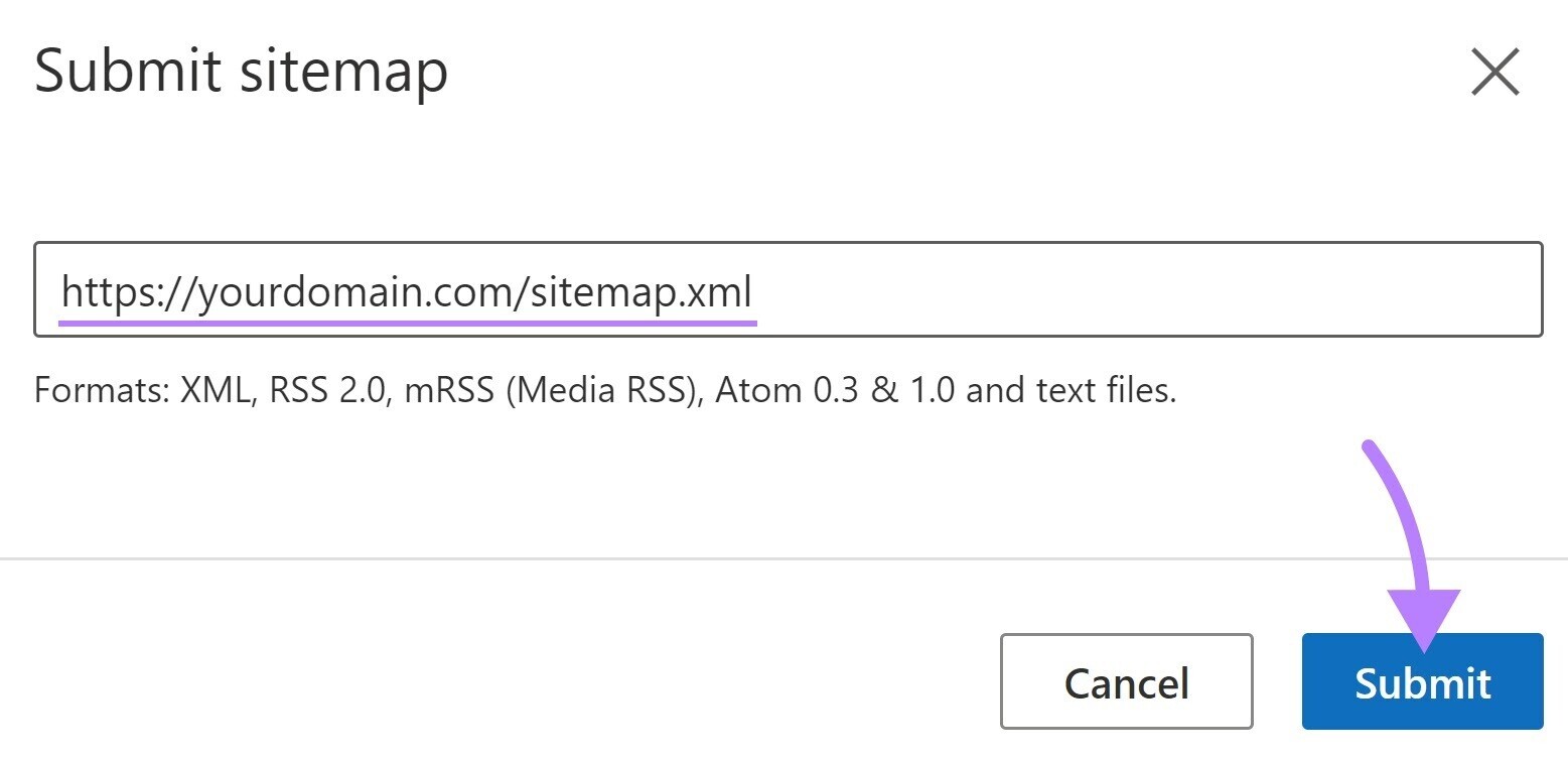 “Submit sitemap” section in Bing Webmaster Tools
