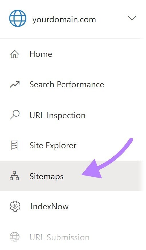 “Sitemaps” selected in the left-hand menu of Bing Webmaster Tools