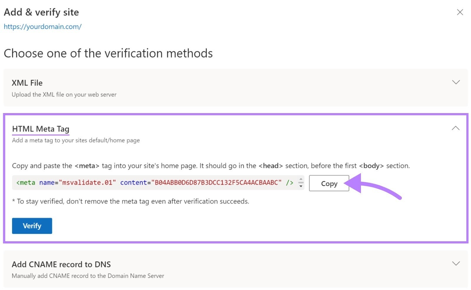 "Add & verify site" screen in Bing Webmaster Tools