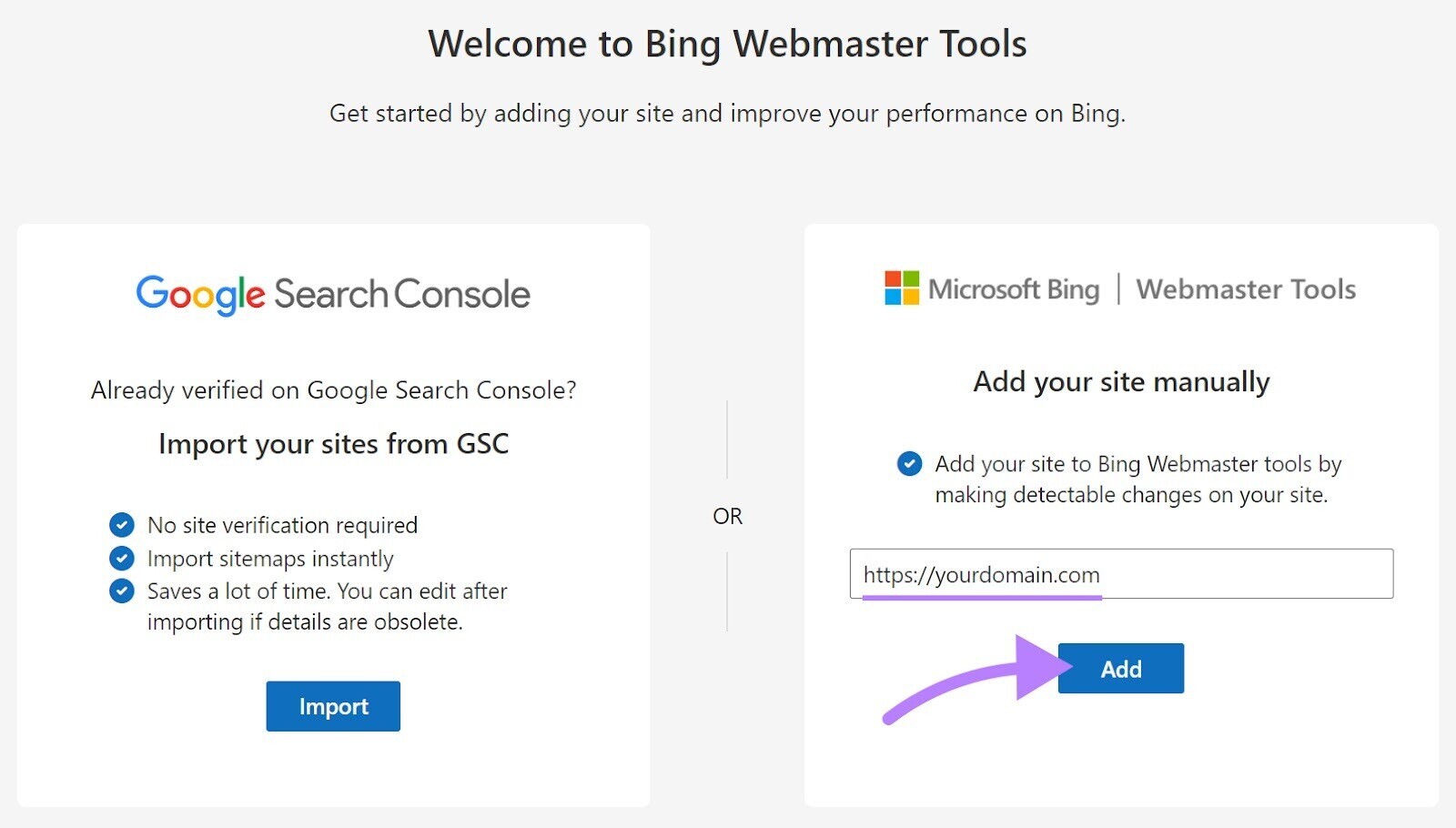 "Welcome to Bing Webmaster Tools" window
