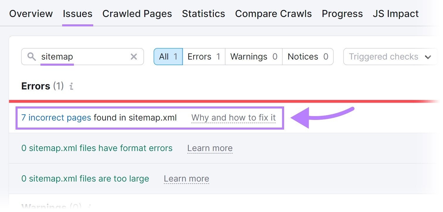 Sitemap errors identified in Site Audit under "Issues" tab