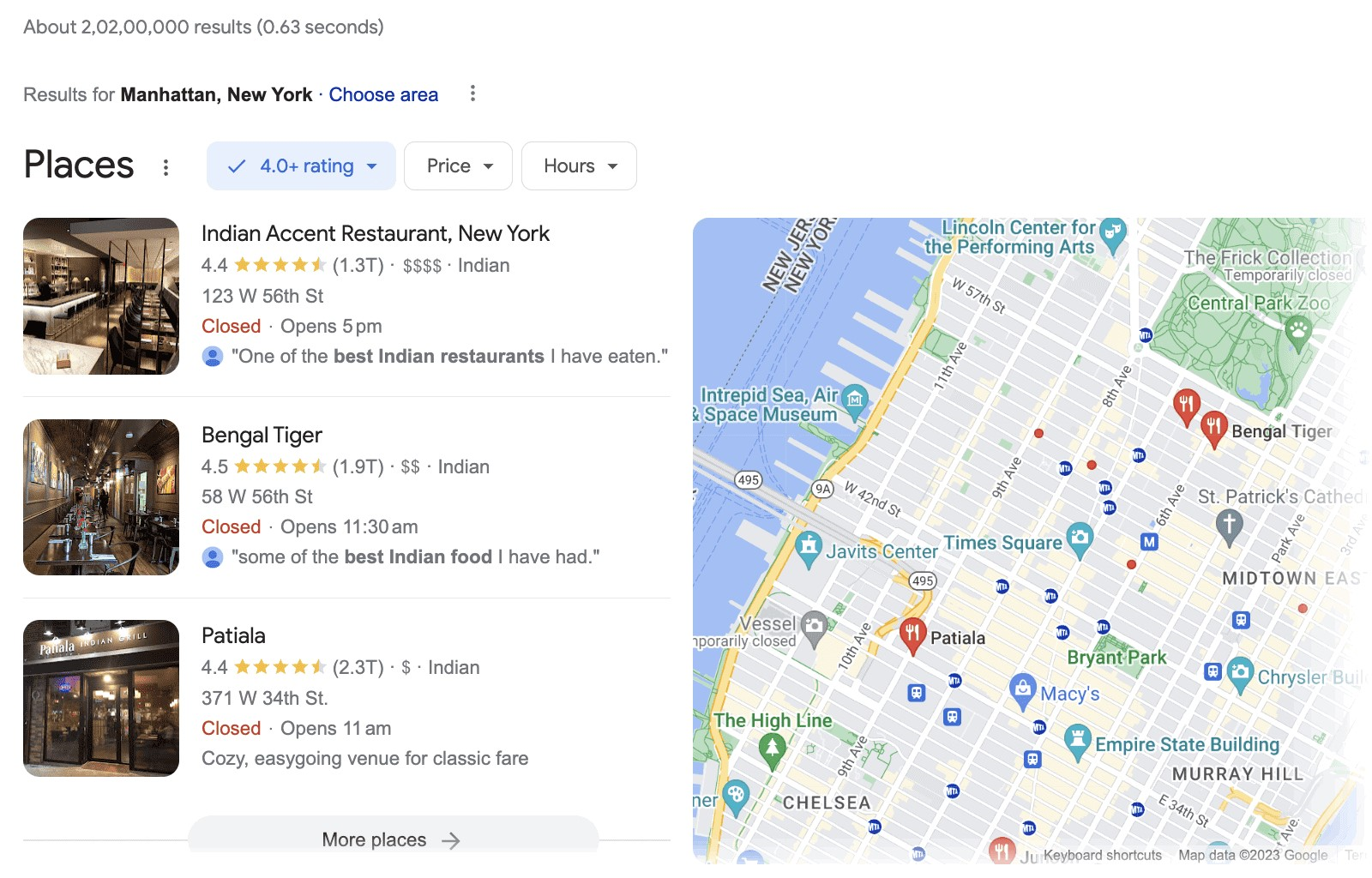 Google Local Pack results for “best Indian restaurants in Manhattan”