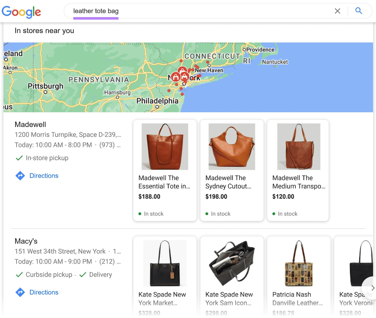 Google Shopping results for "leather tote bag"