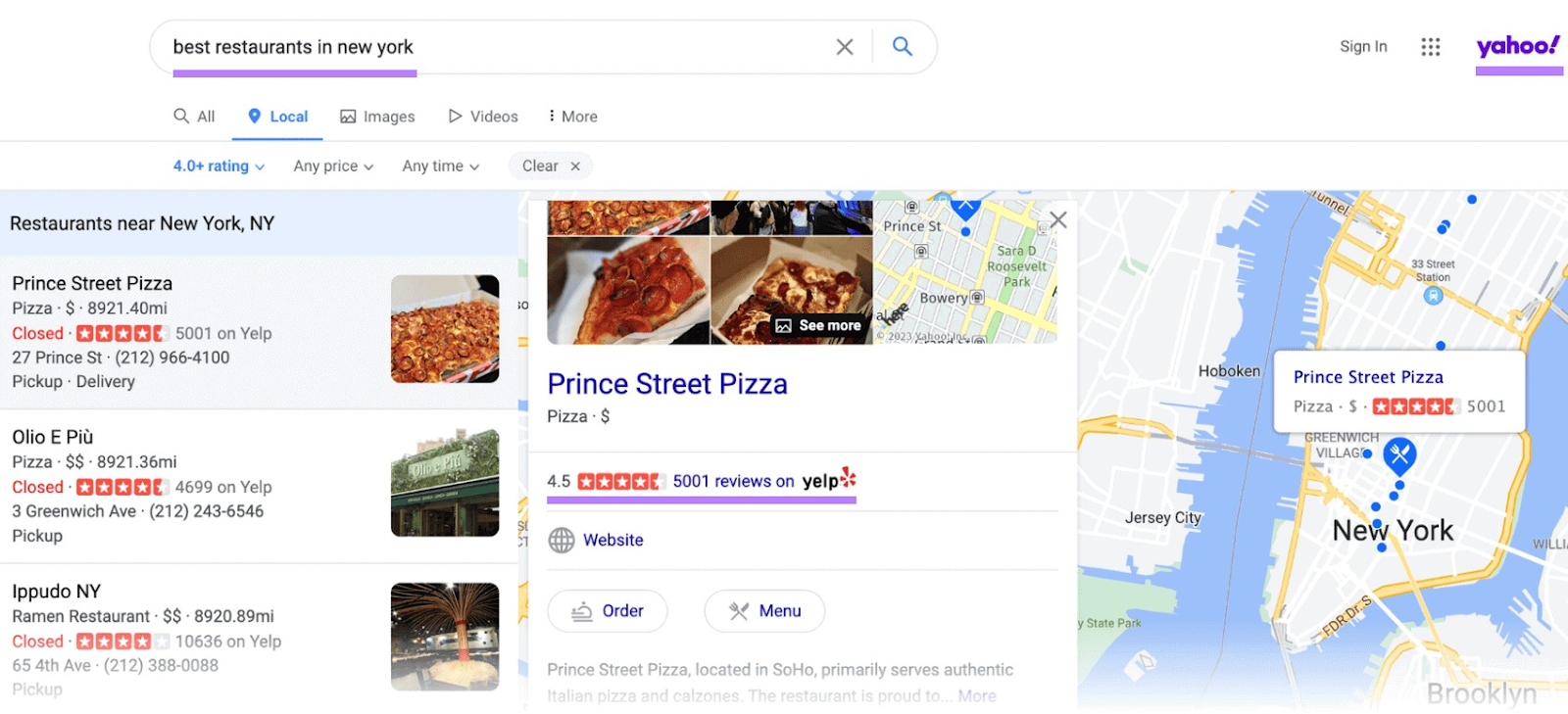 Yelp rating appears on Yahoo results for "best restaurants in new york"