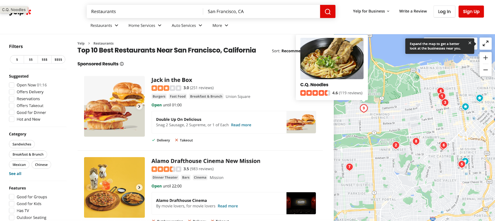 Yelp's "Top 10 best restaurants near San Francisco, California" page