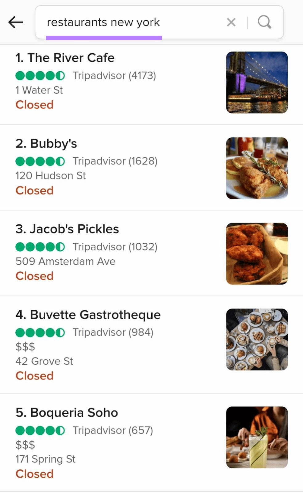 DuckDuckGo's results for "restaurant new york" feature Tripadvisor reviews