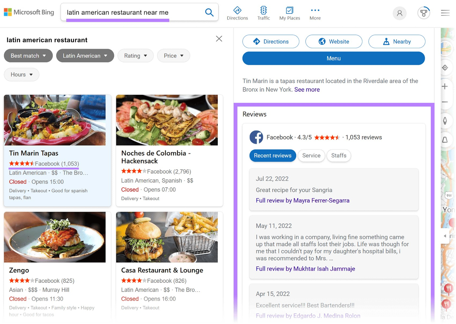 Facebook reviews appearing on Bing for "latin american restaurant near me" search