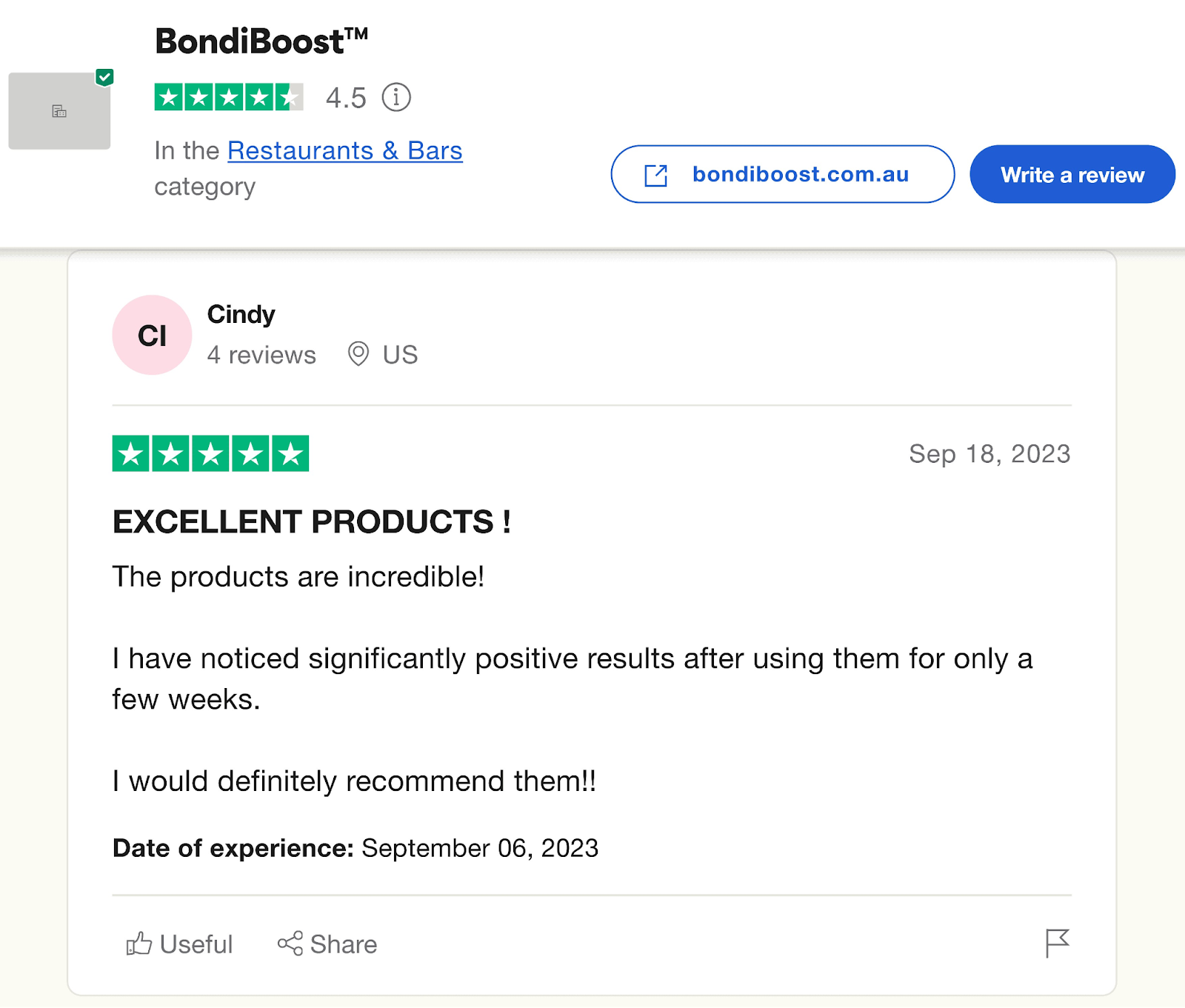 BondiBoost's review on Trustpilot