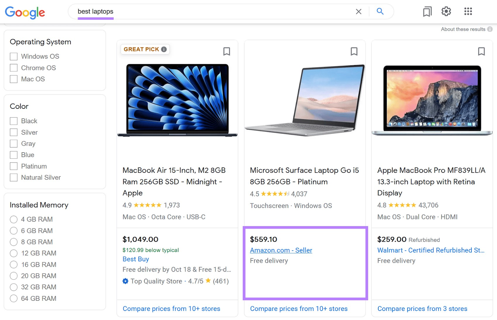 Google search for "best laptops" show Amazon listing