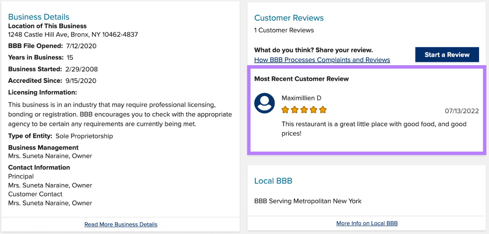 Better Business Bureau's page with business details and customer reviews