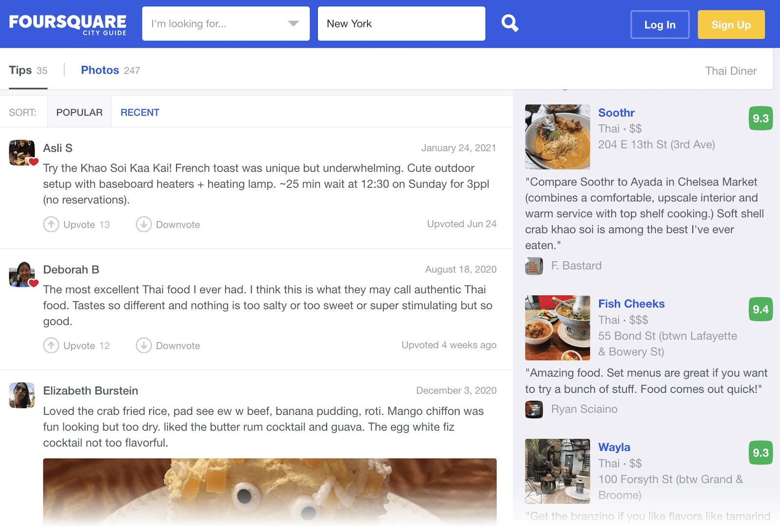 Foursquare's page showing "Tips" for restaurants in New York