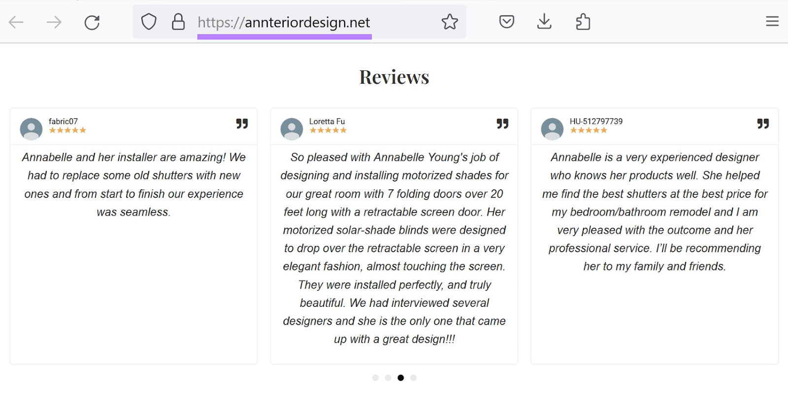 An example of a sliding carousel reviews on an website