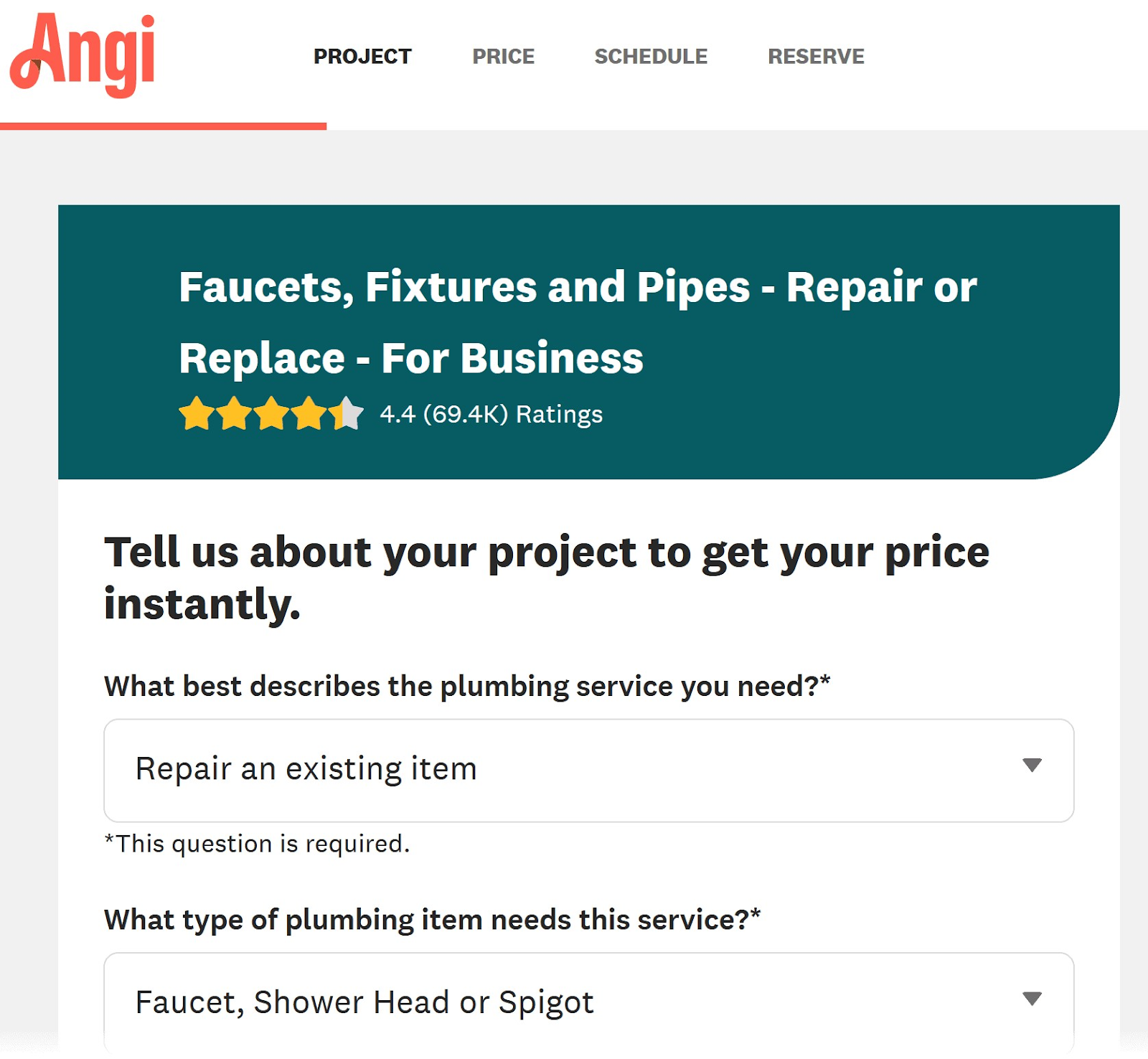 Angi's "Project" page section
