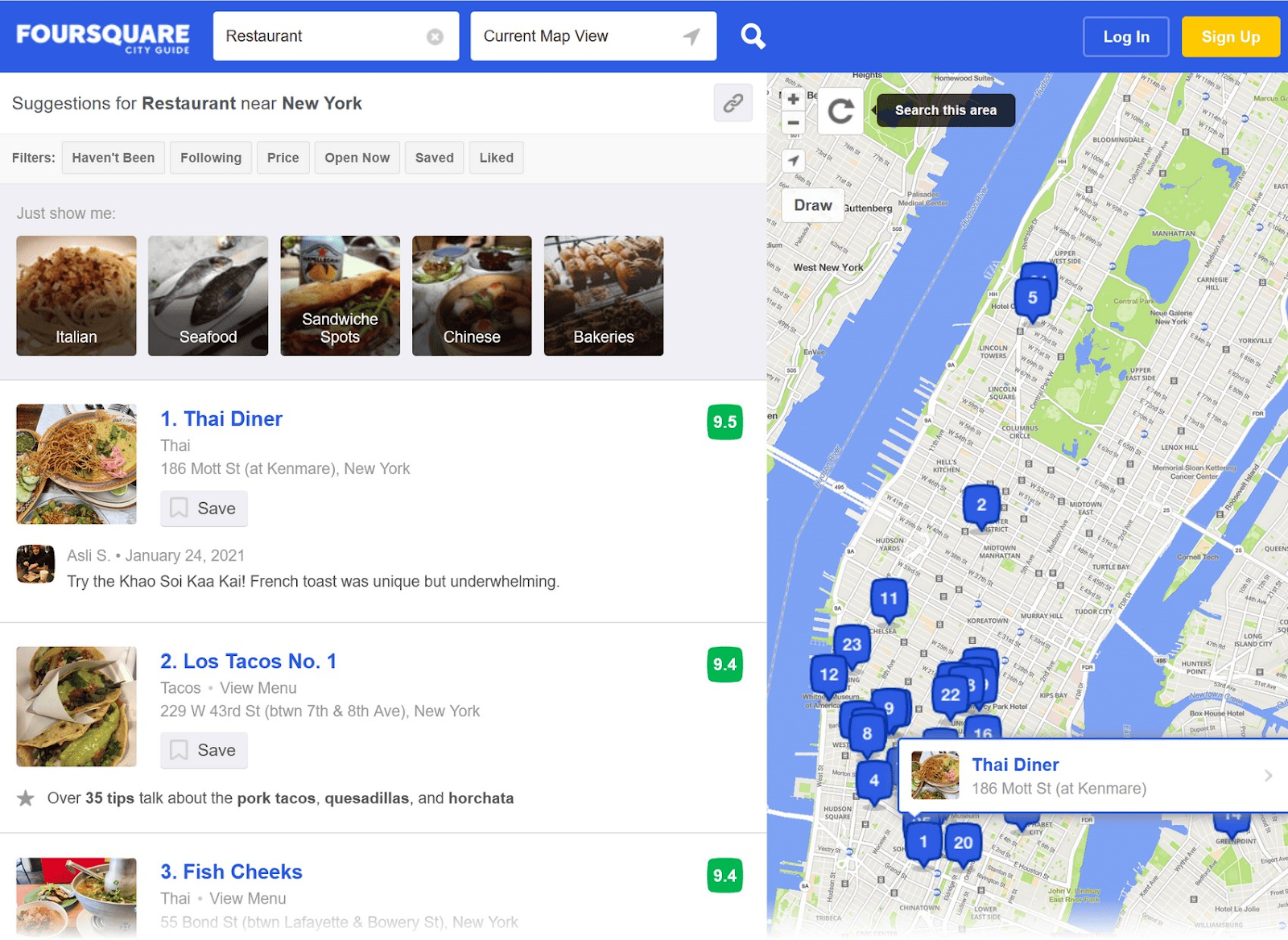 Foursquare's results listing restaurants on the left and showing them on the map on the right-hand side