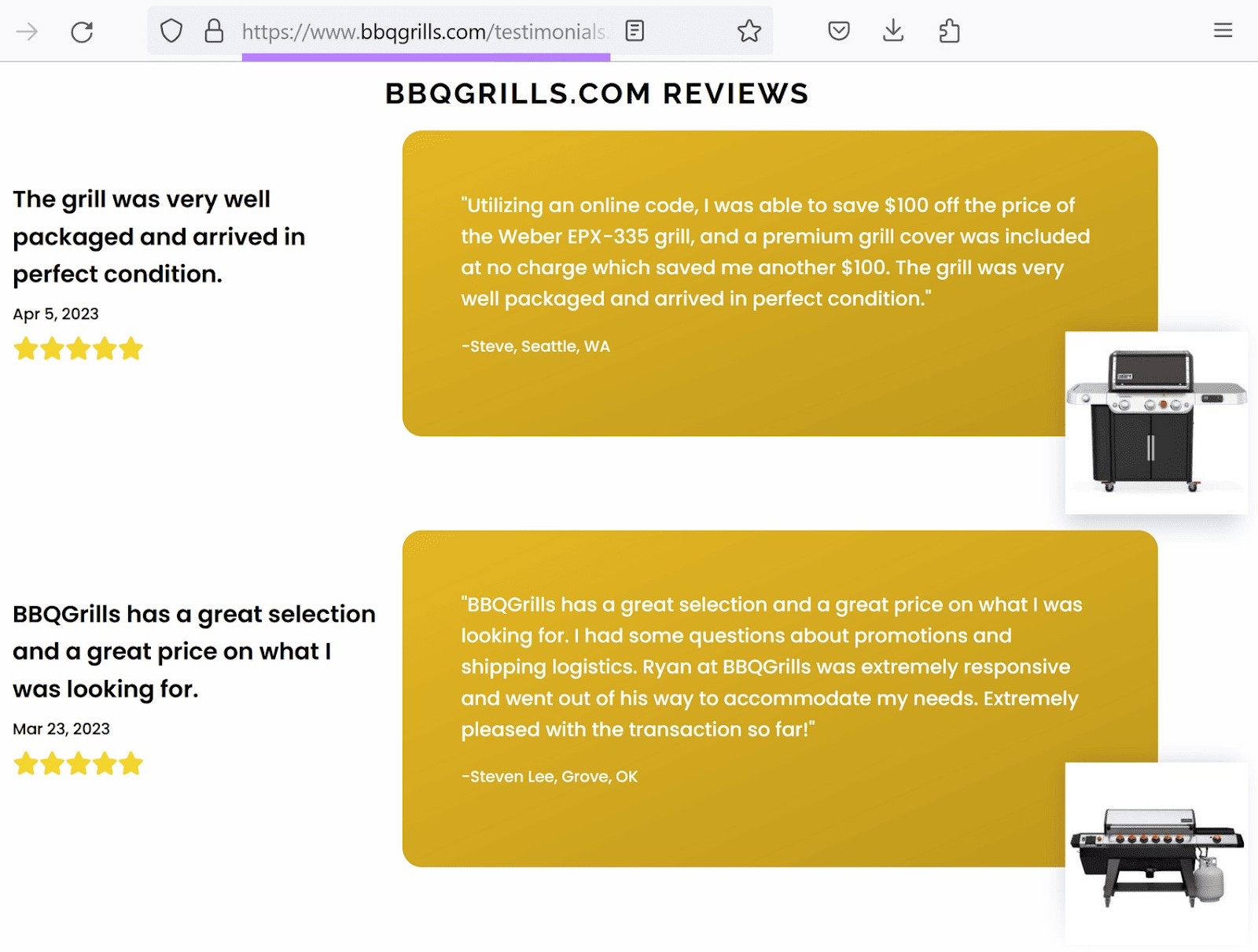 An example of a testimonials page on an website