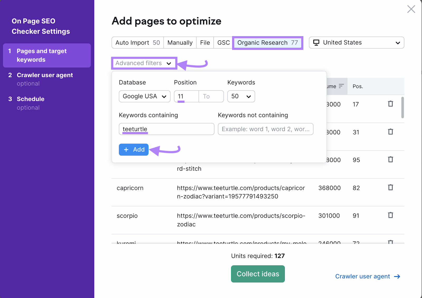 Applying "Advanced filters" under "Add pages to optimize" configuration step in On Page SEO Checker