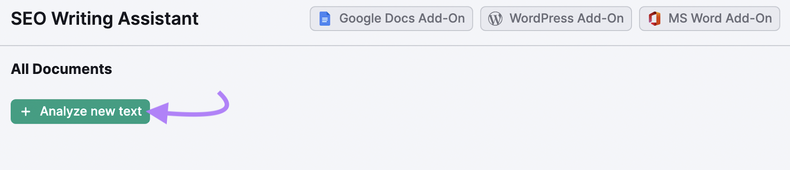 “+ Analyze new text” button highlighted under SEO Writing Assistant