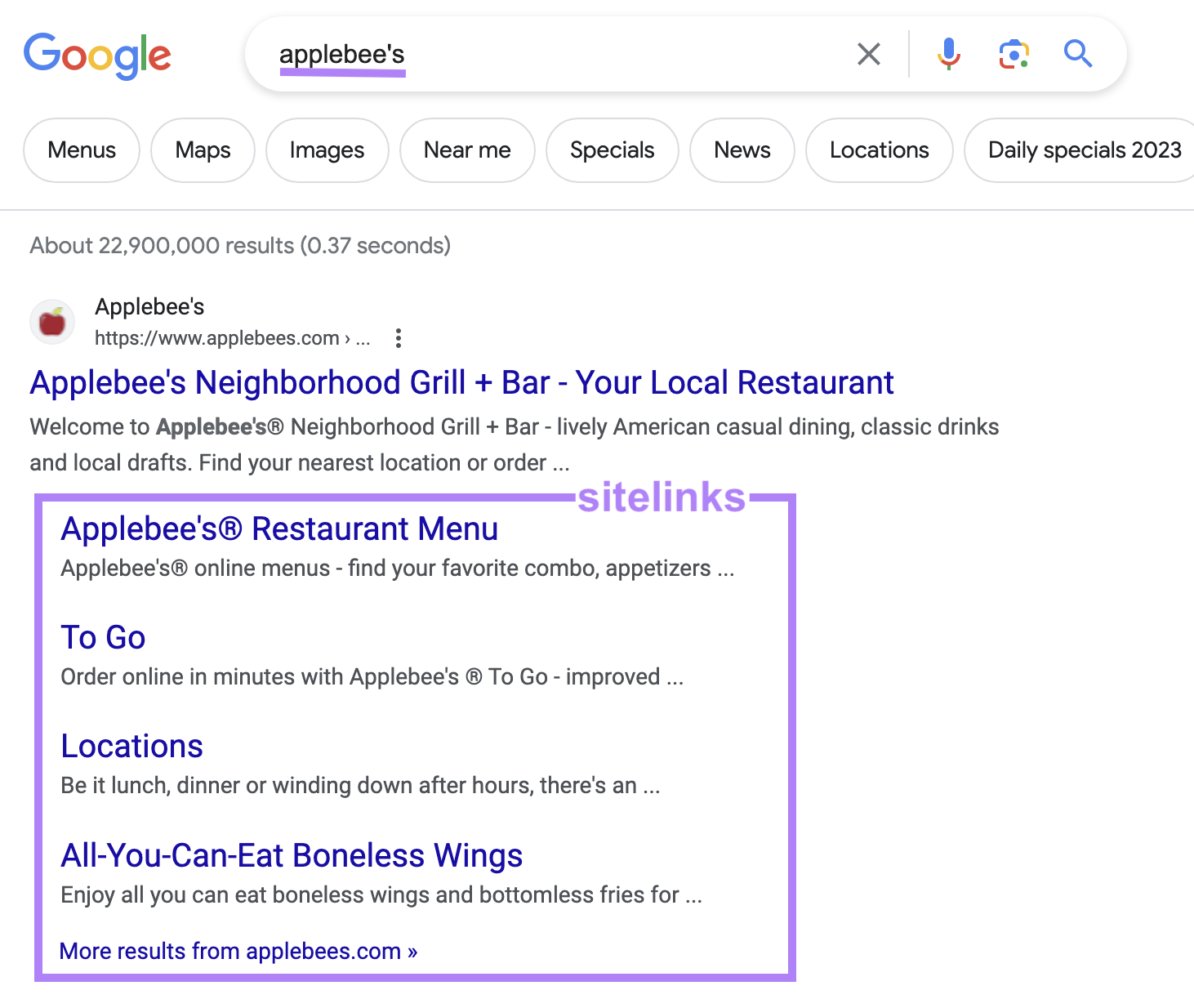 Applebee’s website on Google SERP