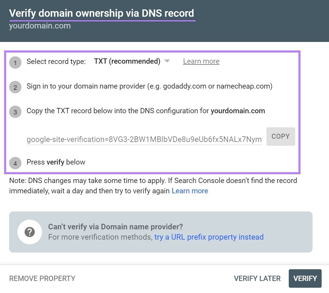 "Verify domain ownership via DNS record" screen