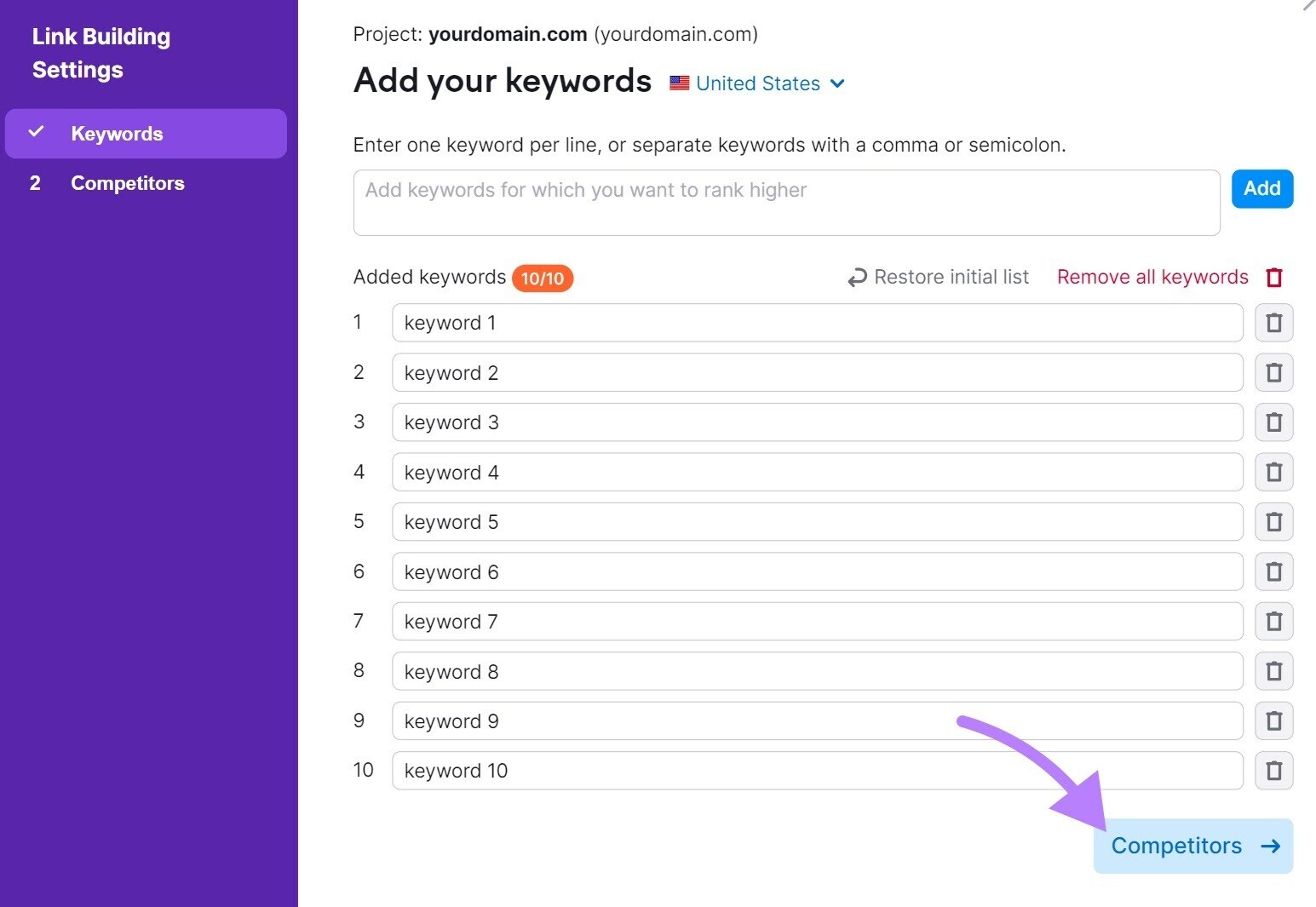 "Add your keywords" window in Link Building Tool, with keywords added and "Competitors" button highlighted