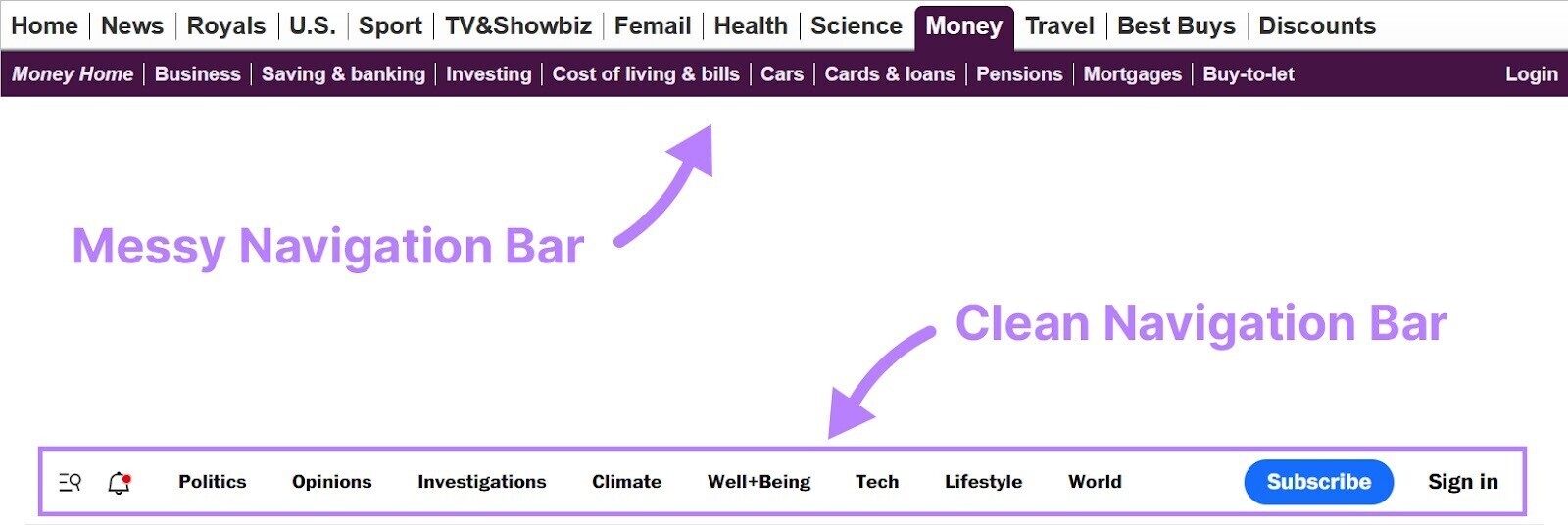 An example of a clean navigation bar (bottom) and a messy one (top)