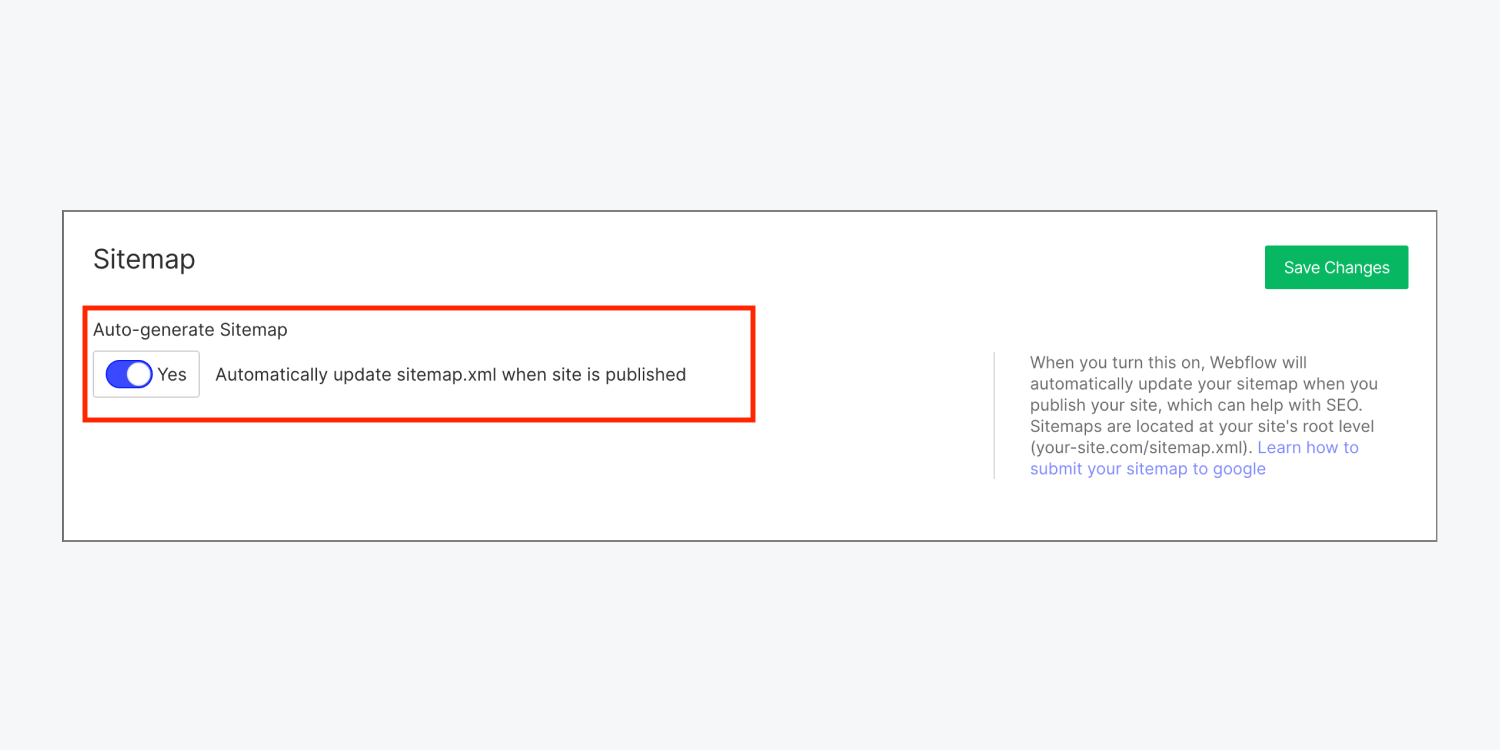“Sitemap” section in Webflow with “Auto-generate Sitemap” option turned on