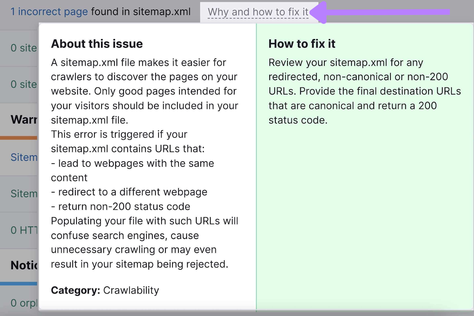 “Why and how to fix it” pop-up window, with an example of a sitemap.xml issue