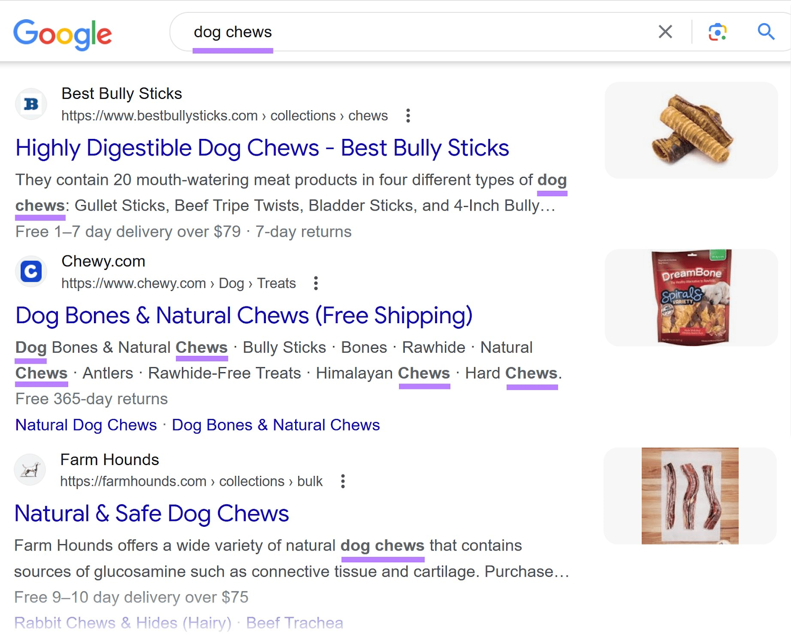 Google search results for “dog chews” with keywords highlighted