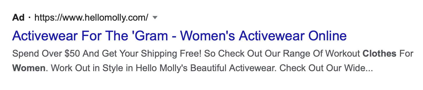 An example of a search ad for women's activewear