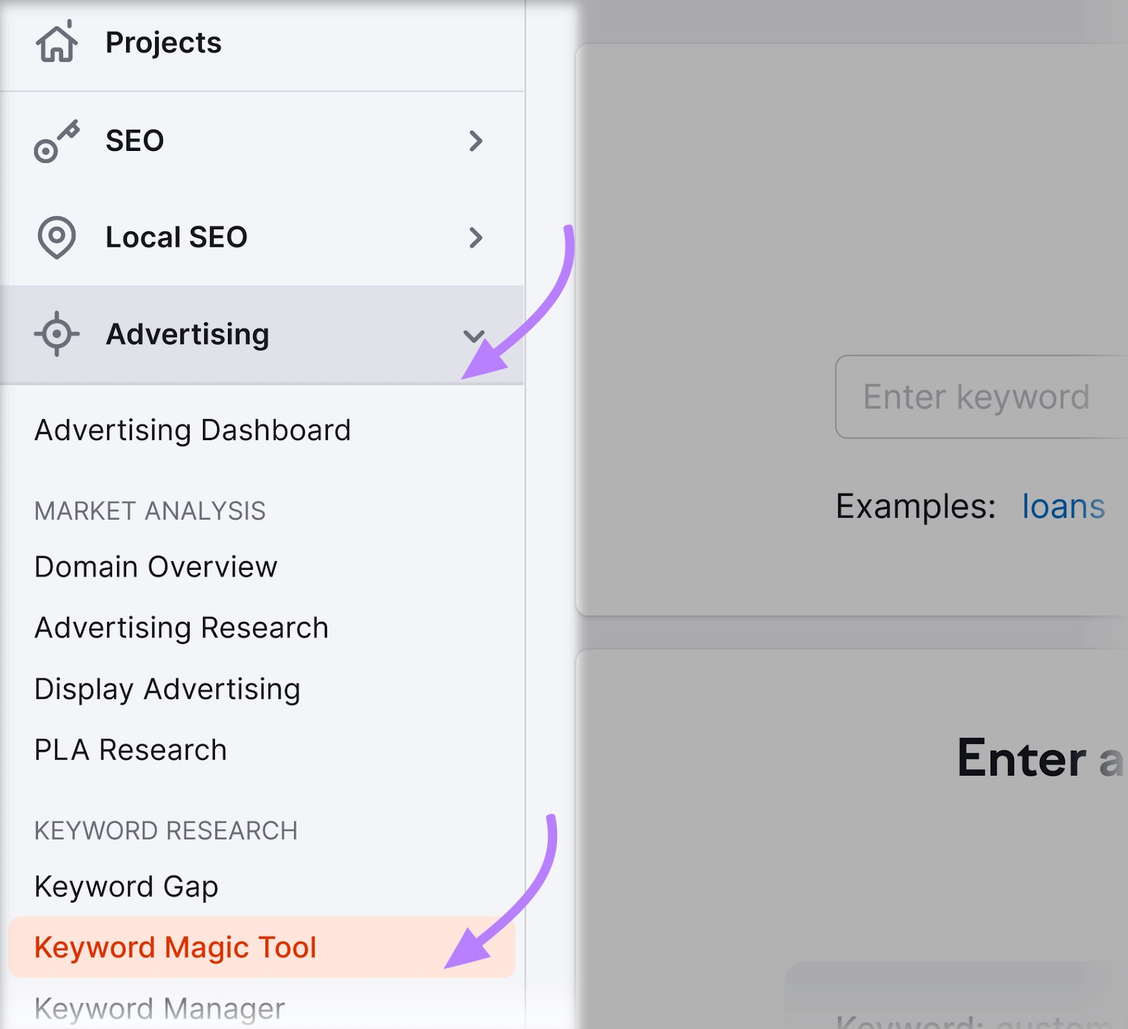 "Keyword Magic Tool" selected in the Semrush menu