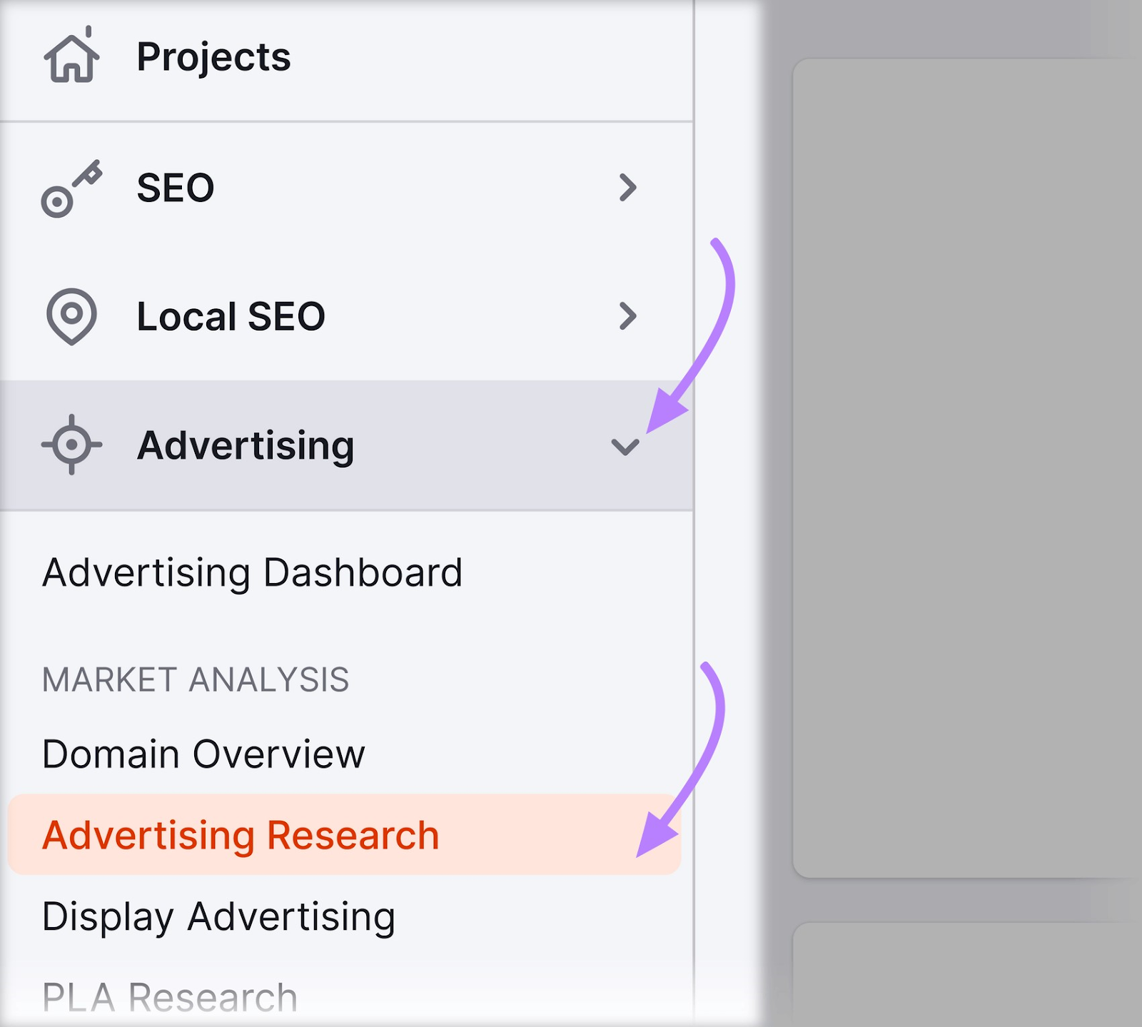 "Advertising Research" selected in the Semrush menu