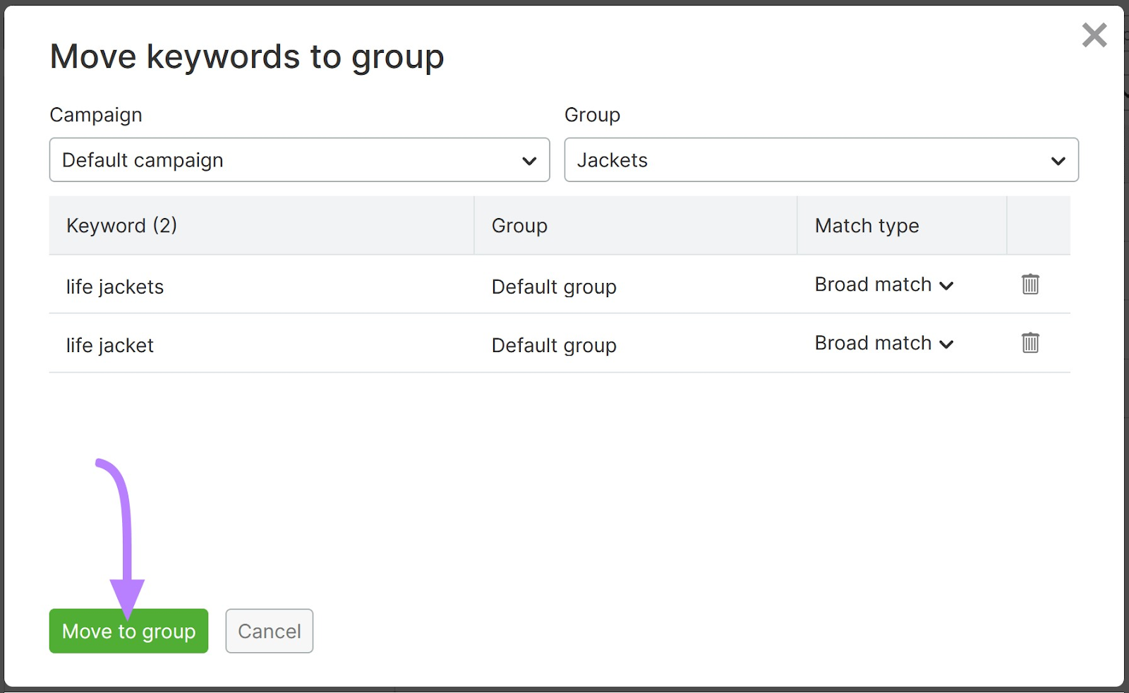 “Move to group” button selected at the bottom of “Move keywords to group” dialogue box