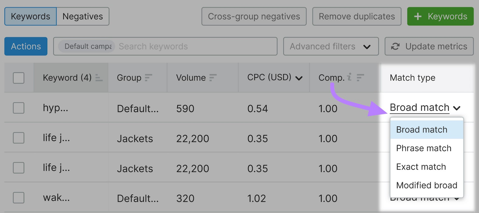 “Match type” drop-down menu with "broad match" "phrase match" "exact match" and "modified match" options