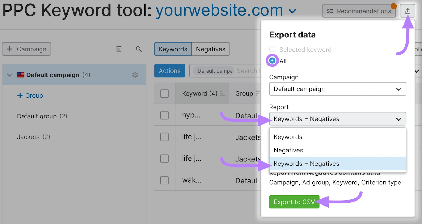 “Export data” drop-down menu