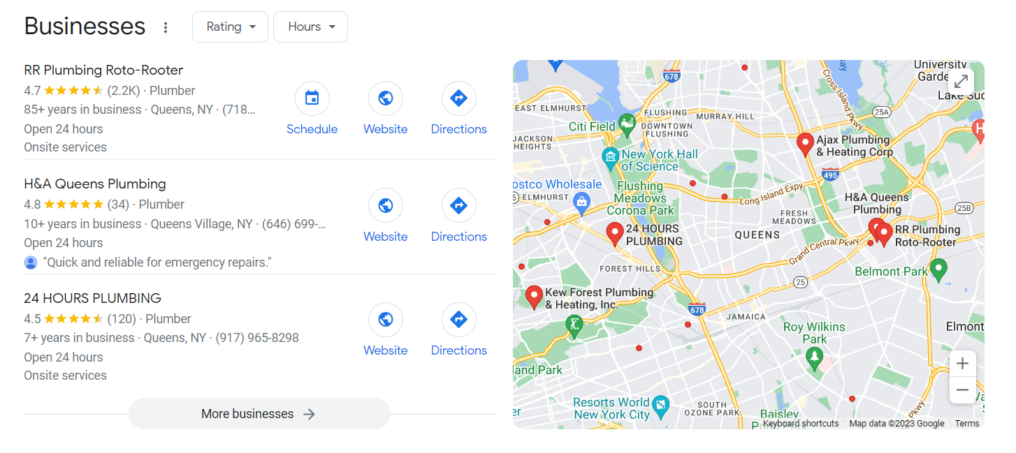 Google "Businesses" results for “plumber Queens, New York” search