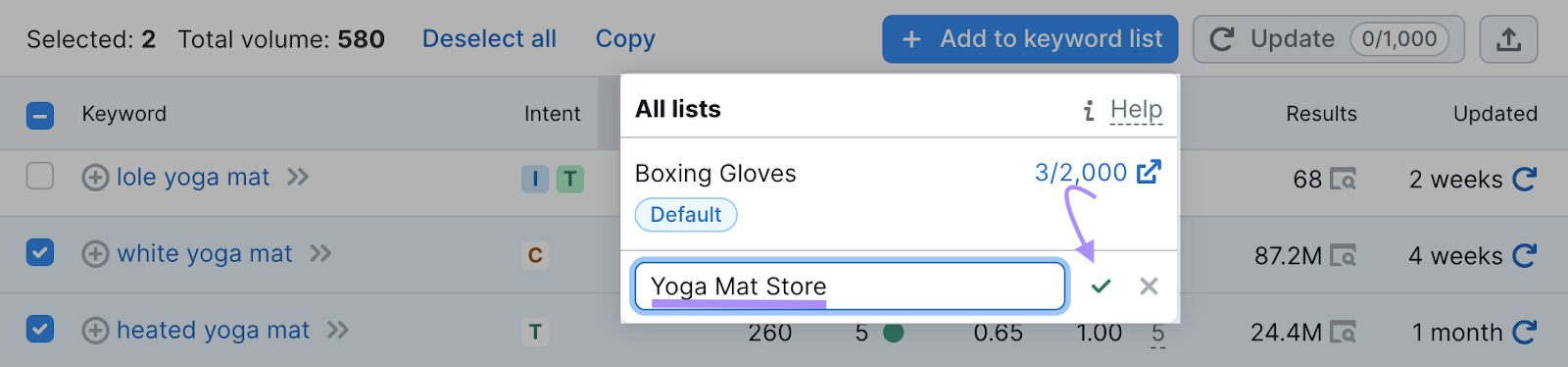 "Yoga Mat Store" typed as the keyword list name