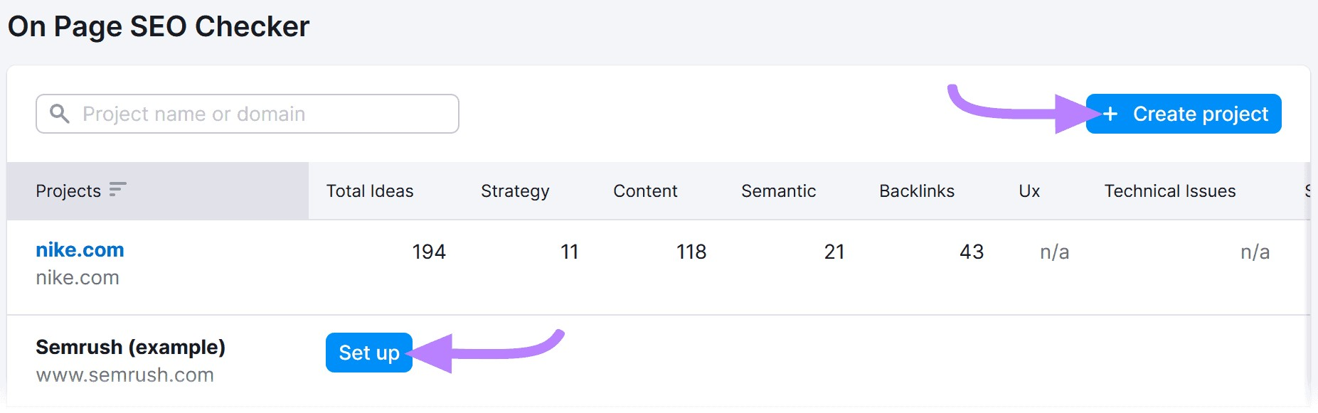 “+ Create project” and "Set up" buttons highlighted in the On Page SEO Checker