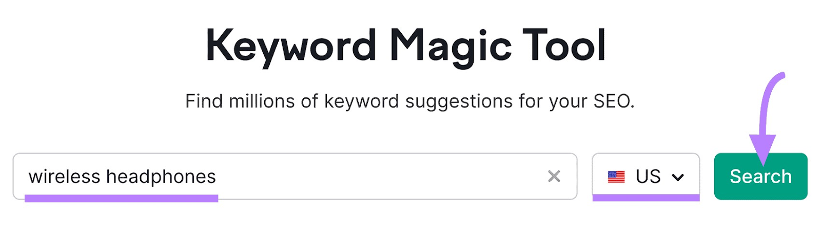 "wireless headphones" entered into the Keyword Magic Tool search bar