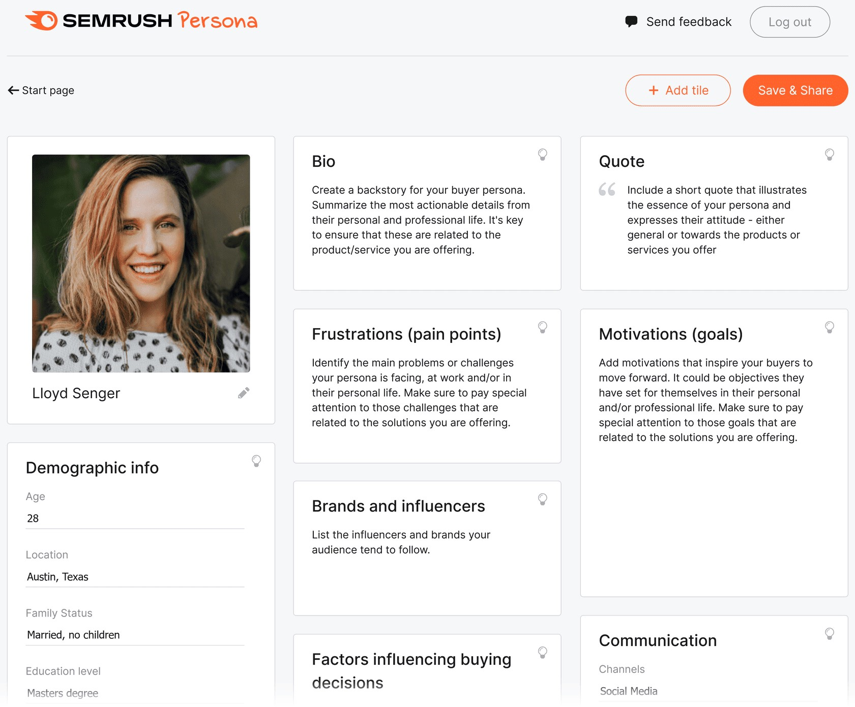 An example of a buyer persona created in Semrush Persona tool