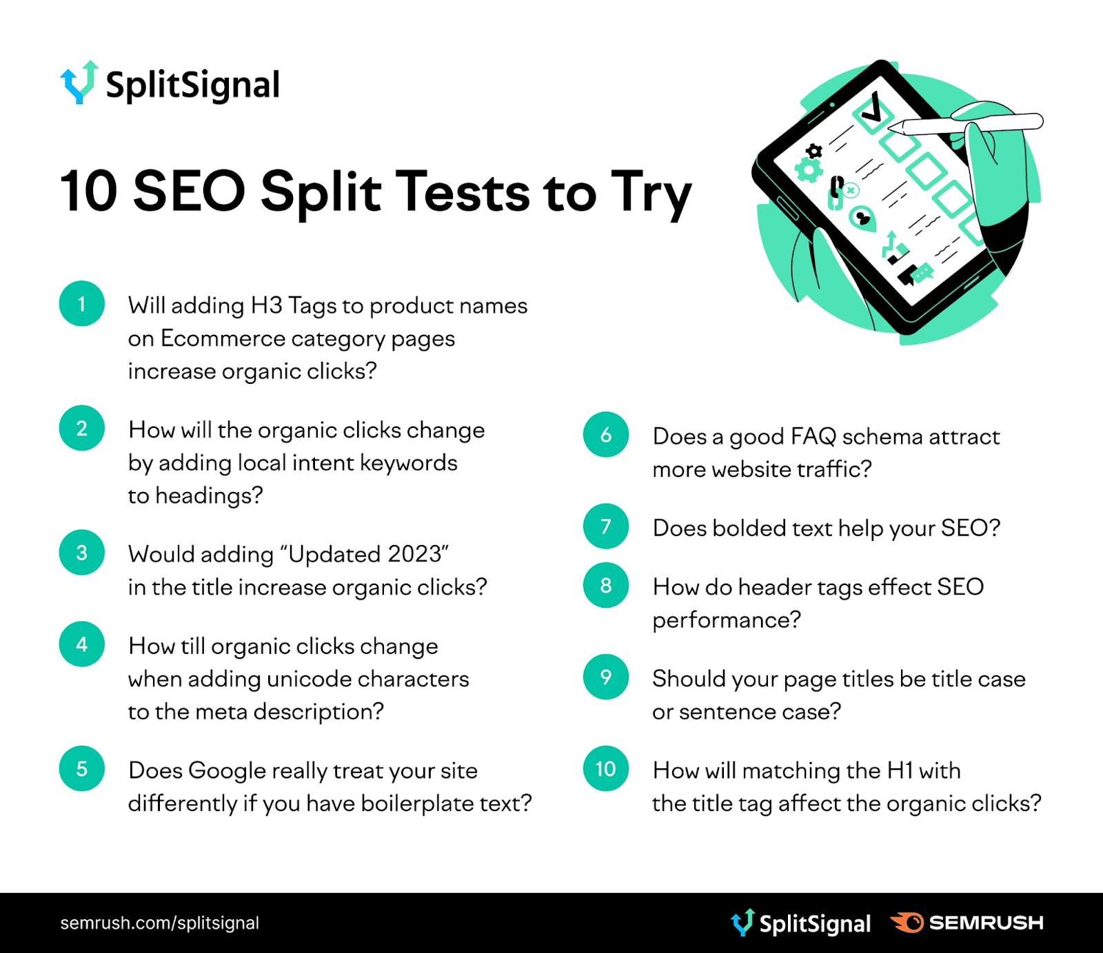 An infographic listing 10 SEO split tests to try with SplitSignal