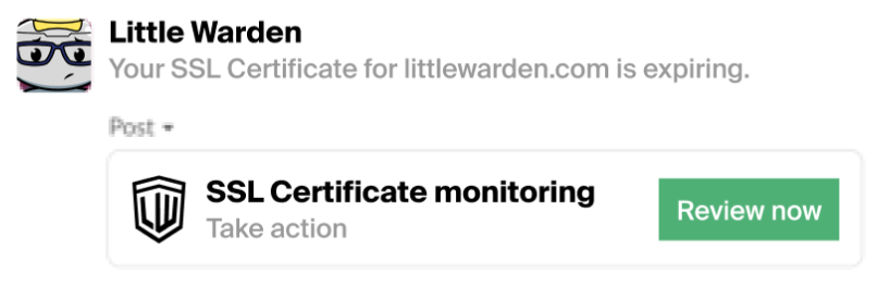 "SSL Certificate monitoring" post in Little Warden with "Review now" green button