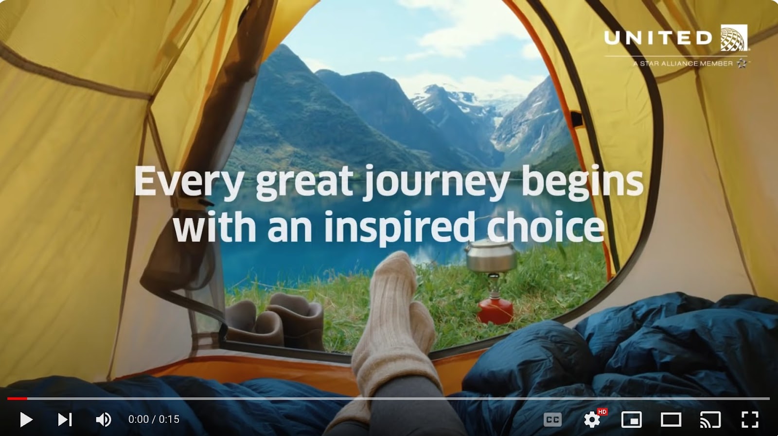 United Airlines’ video intro with "Every great journey begins with an inspired choice" message