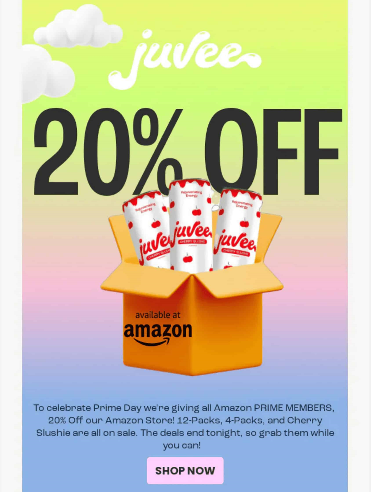 Juvee's email giving all Amazon Prime member customers 20% off