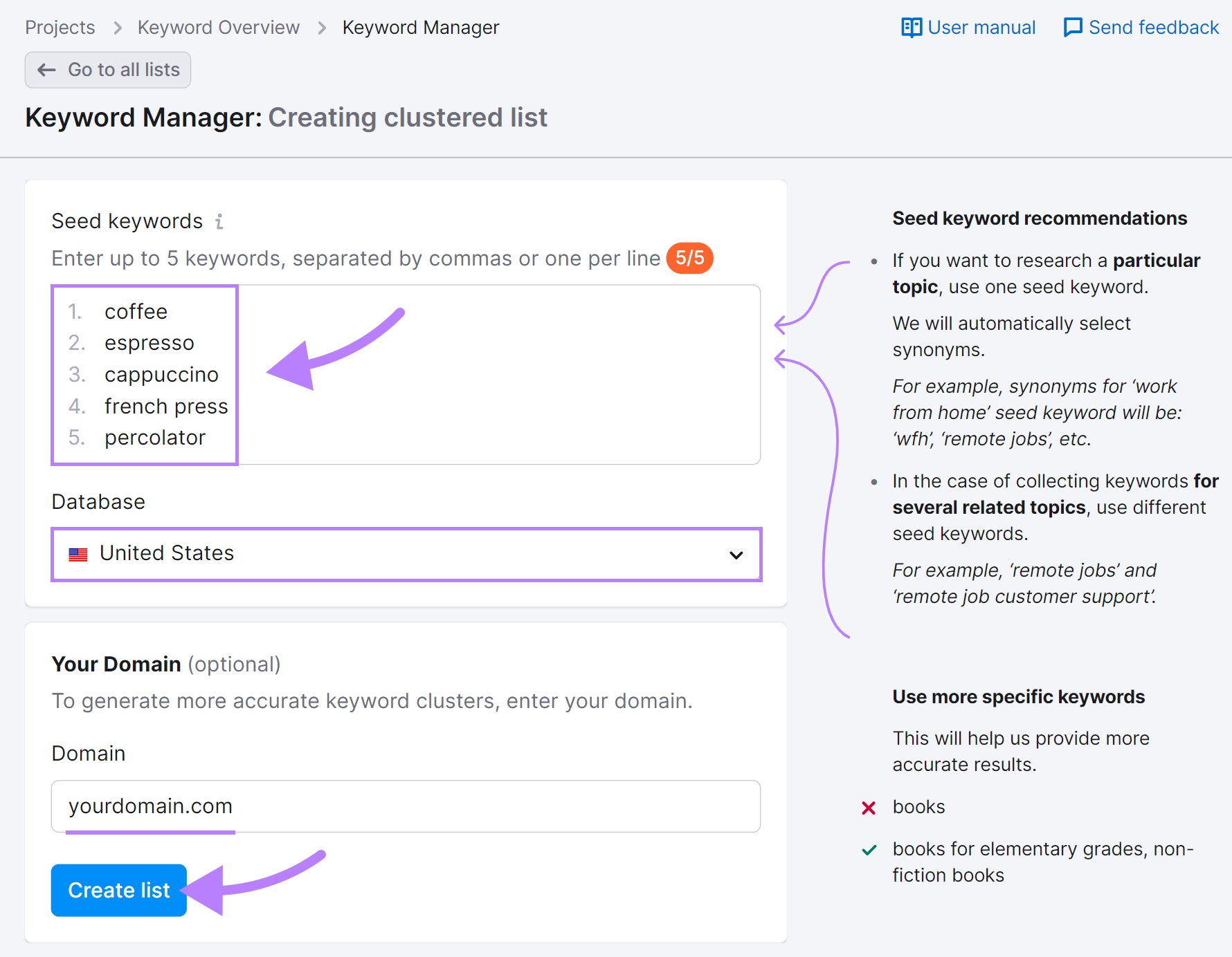 "Creating clustered list" window in Keyword Manager