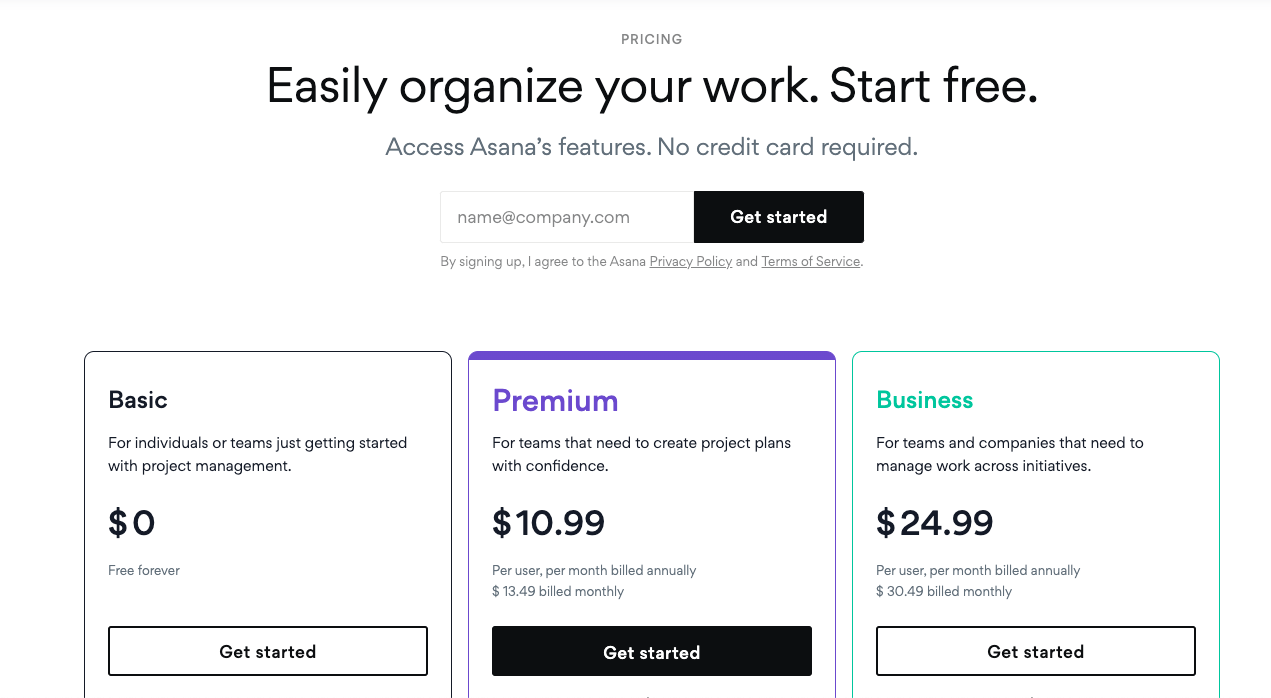 Asana's pricing page with "Easily organize your work. Start free" headline